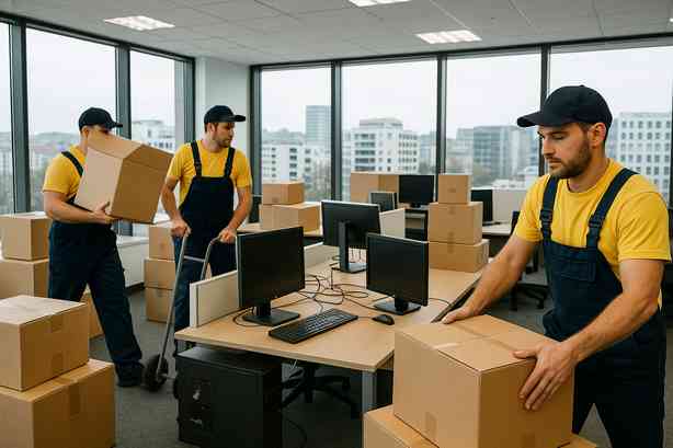 Déménageurs professionnels transportant cartons et matériel informatique lors d’un déménagement de bureaux à Boulogne-Billancourt.