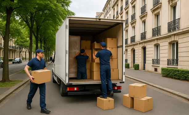 Déménageurs à Boulogne-Billancourt chargeant un camion blanc avec des cartons dans une rue résidentielle bordée d’arbres et d’immeubles élégants.